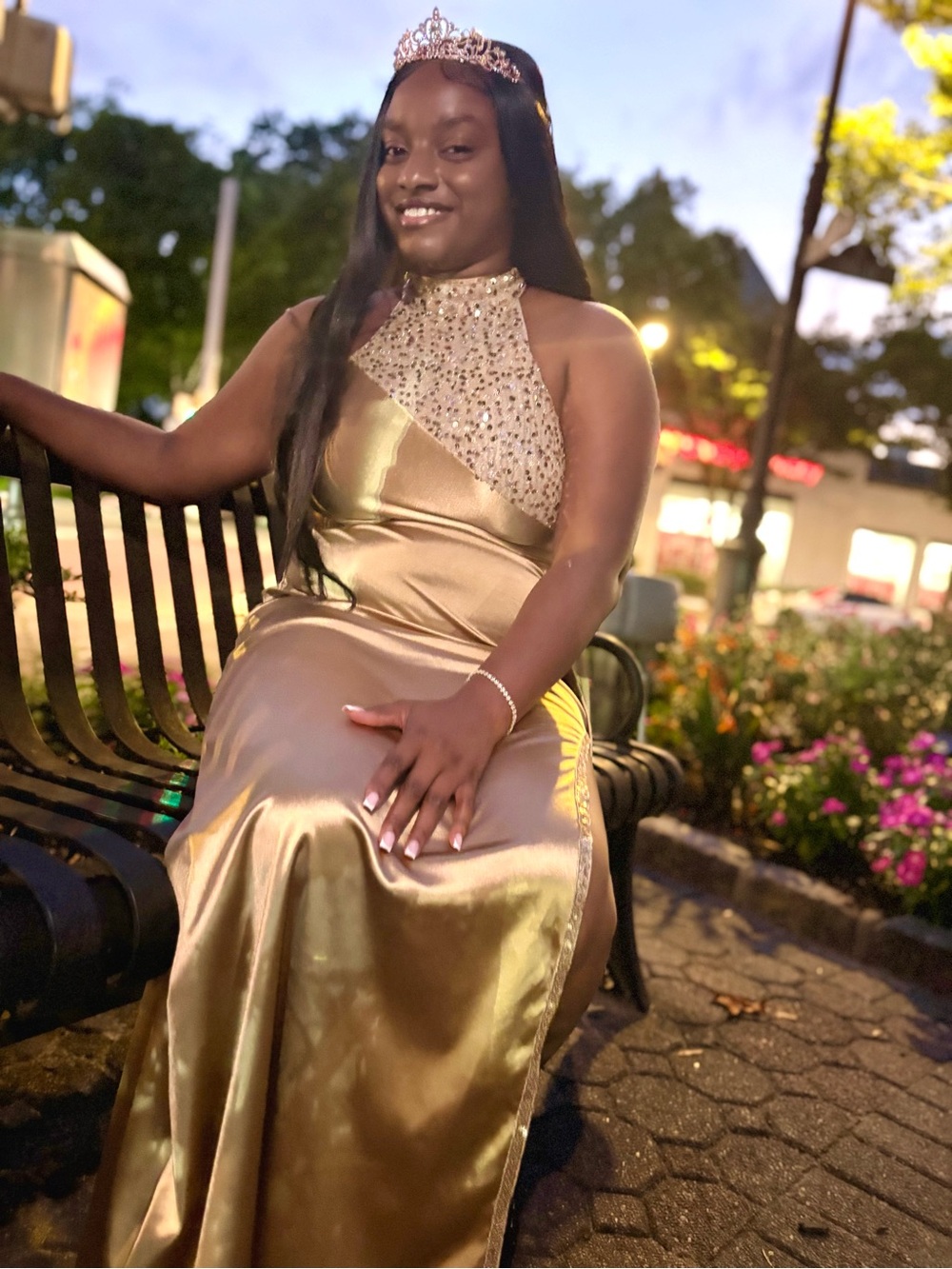 SHEIN Gold One-Shoulder Beaded Halter Prom Dress